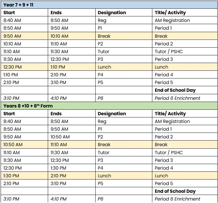 Times of the School Day Sept 2026 onwards